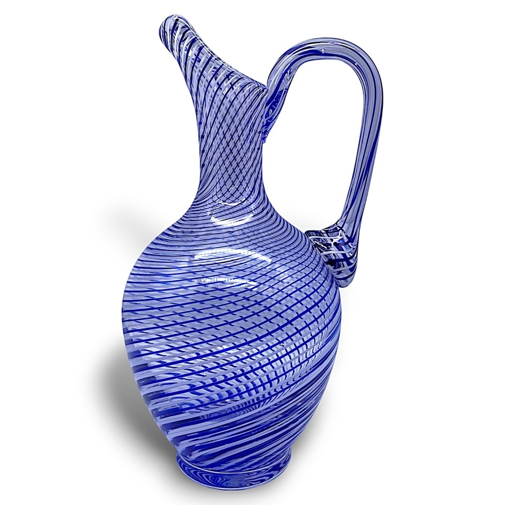 12" Pasabahce‎ Kristal Blue White Swirl Glass Pitcher Ewer Art Glass Turkish